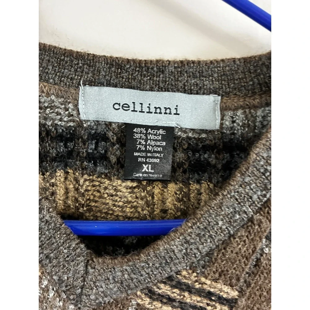 Cellinni V-Neck Sweater Mens XL Brown Wool Alpaca Blend Geometric Made in Italy